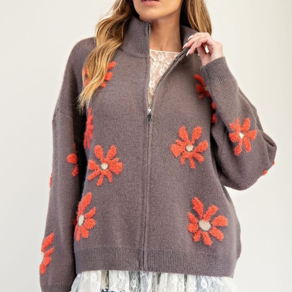 Easel Gray and Orange Floral Cardigan